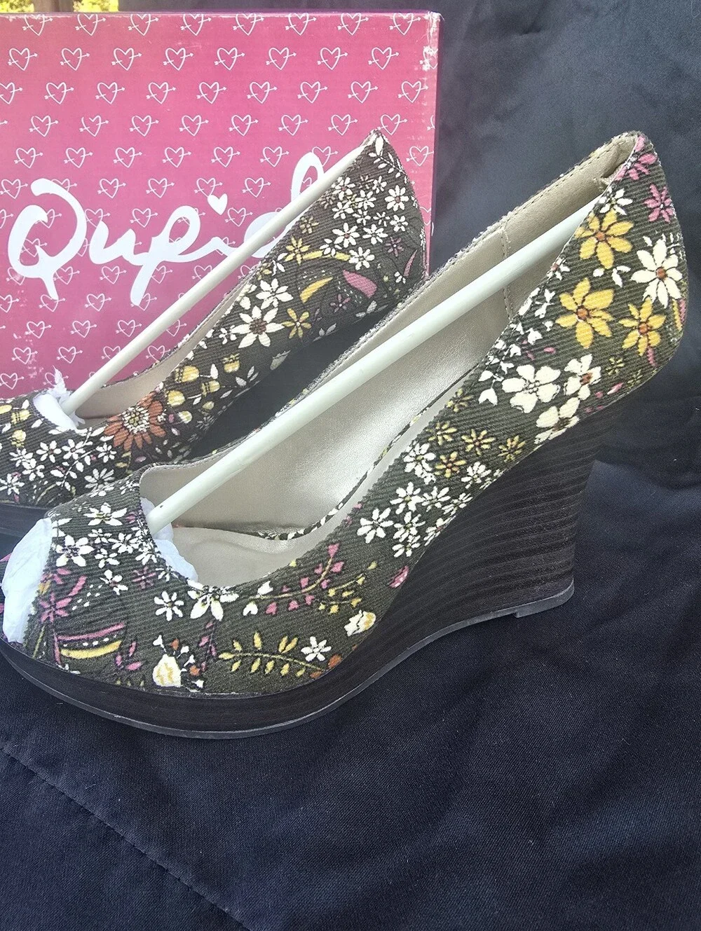 Qupid Olive Green Floral Peep-Toe Wedges